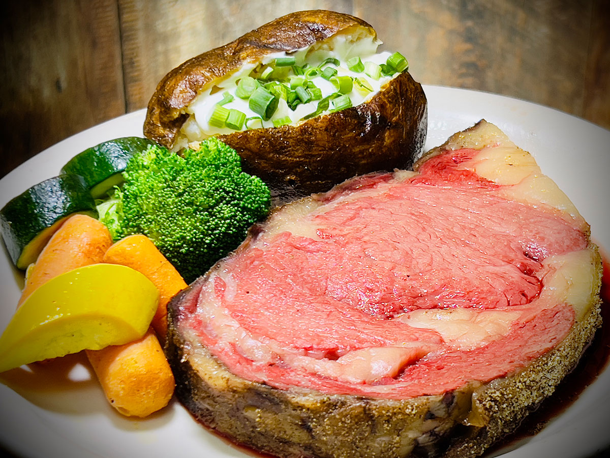 Nightly Special – Smoked Prime Rib with Baked Potato and Vegetables